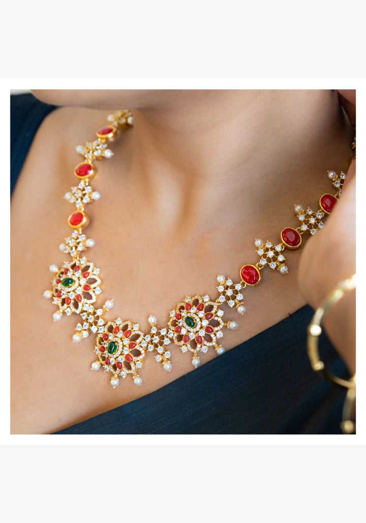 92.5 Silver Necklace and Earrings Set with Orange and White Stones