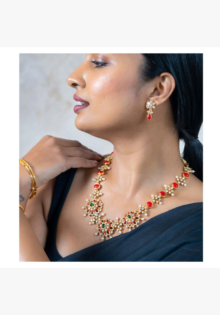 92.5 Silver Necklace and Earrings Set with Orange and White Stones