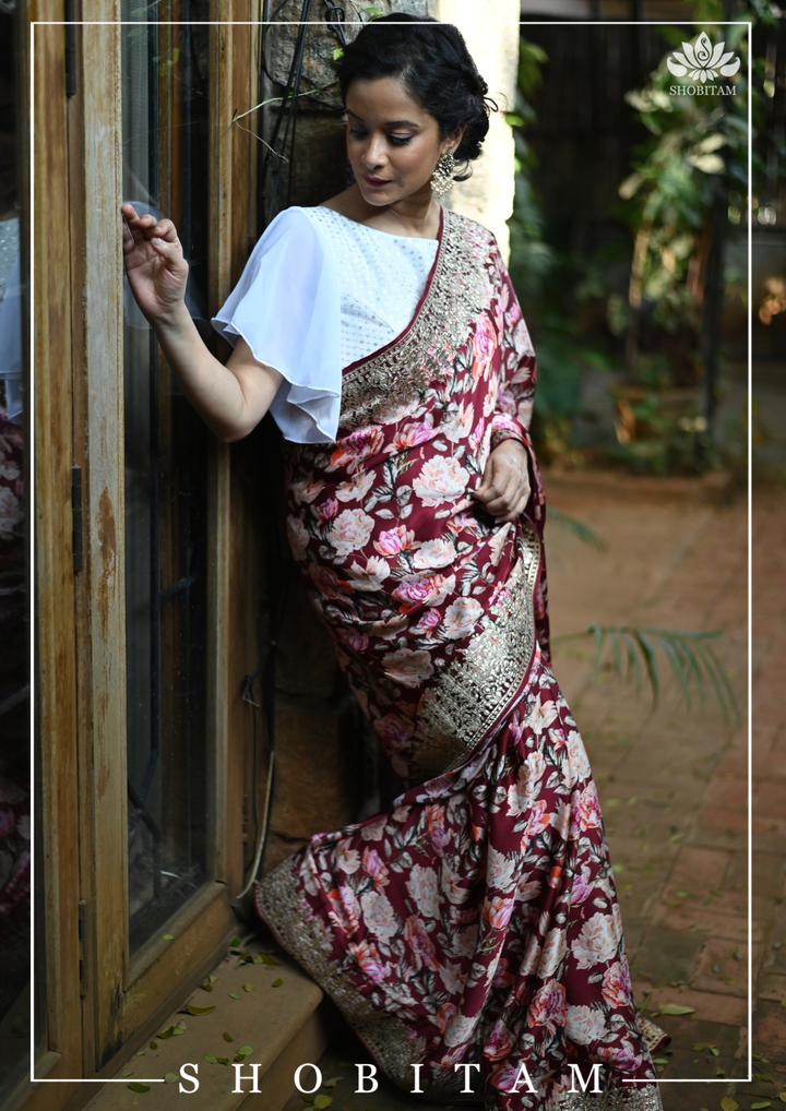 Gajji Silk Saree with Floral Print and Crushed Zari Border in Maroon | Sarees By Shobitam
