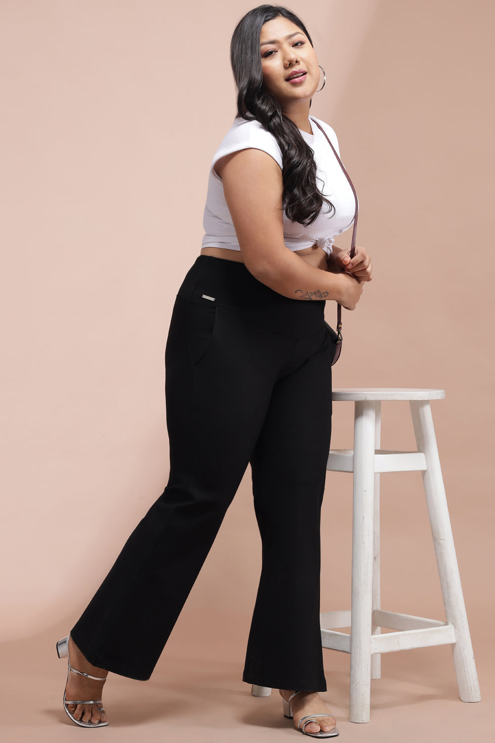 Plus Size Black Tummy Shaper Flare Pants For Womwn Made to Order