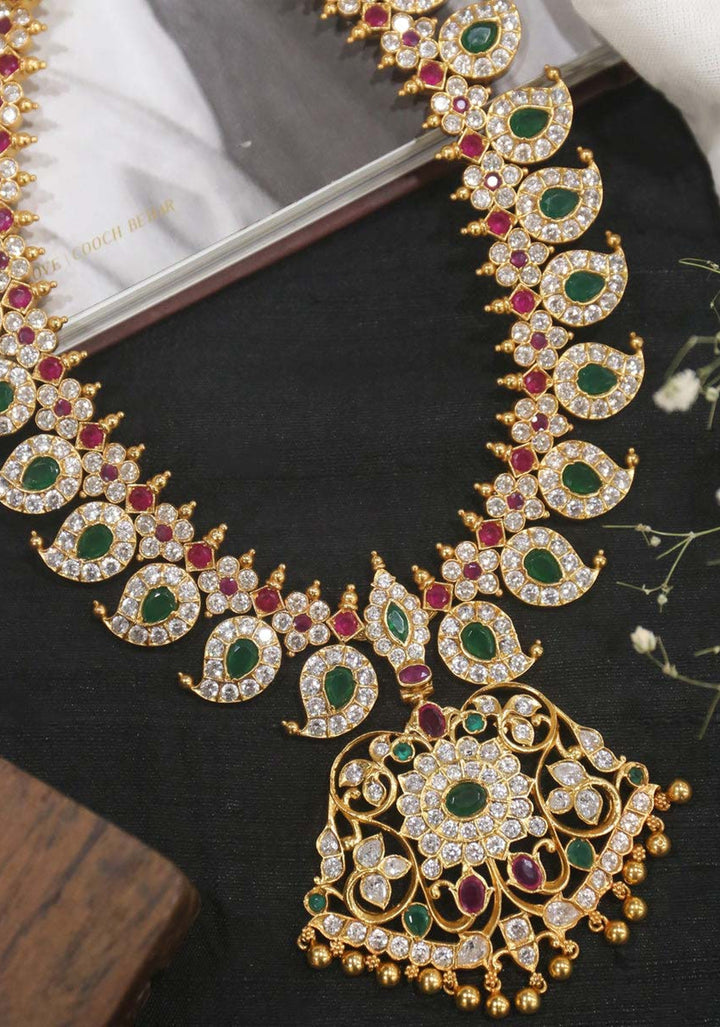 925 Silver Stone Studded Mango necklace with Pendent, 24 Kt Gold plated