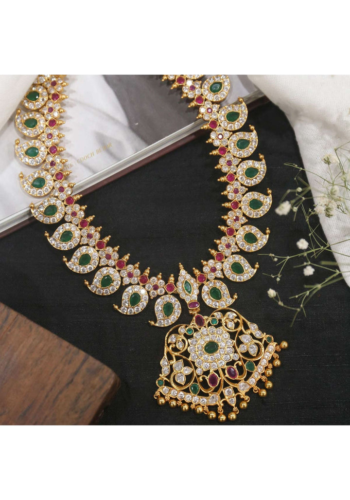 925 Silver Stone Studded Mango necklace with Pendent, 24 Kt Gold plated