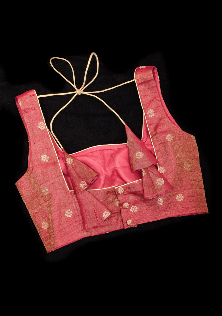 Deep Square Neck Sleeveless blouse in Reddish pink Pure Tissue Raw silk with zari buttas