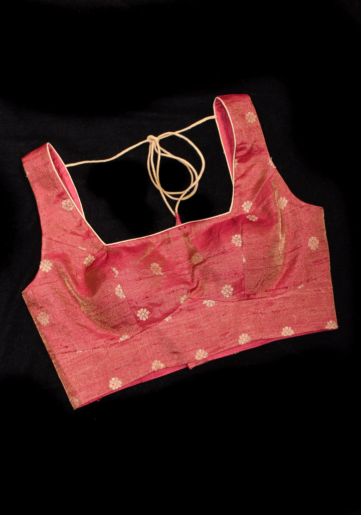 Deep Square Neck Sleeveless blouse in Reddish pink Pure Tissue Raw silk with zari buttas