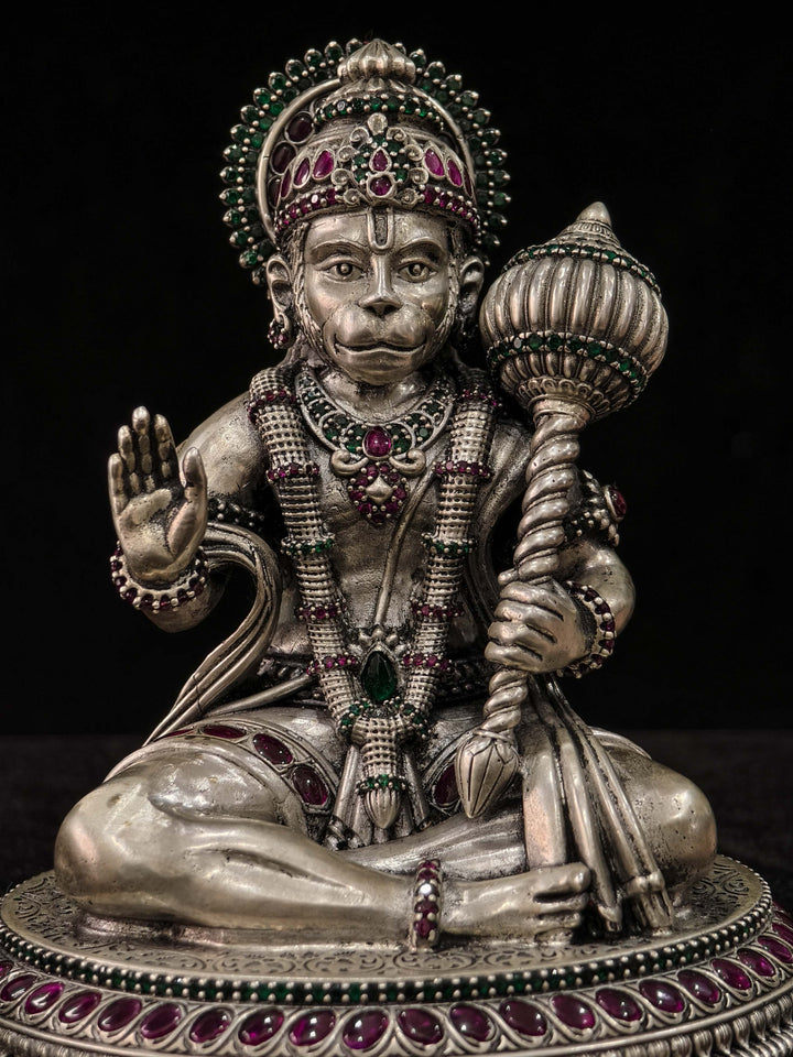 Pure 92.5 Silver "Lord Hanuman" 3D Idol with Gemstone Embellishments