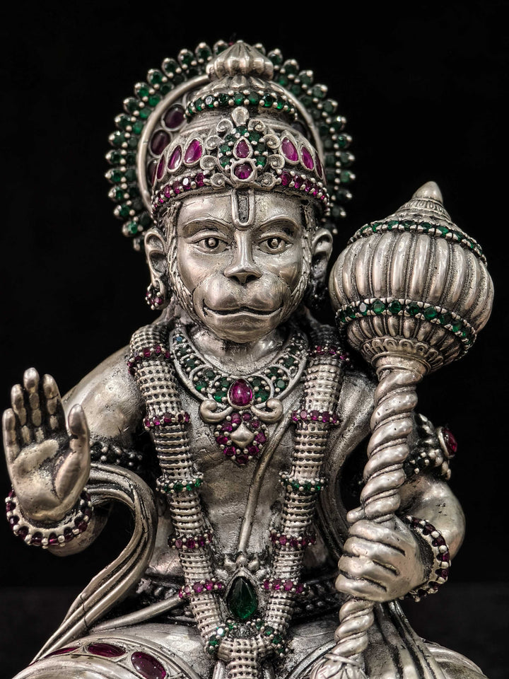 Pure 92.5 Silver "Lord Hanuman" 3D Idol with Gemstone Embellishments