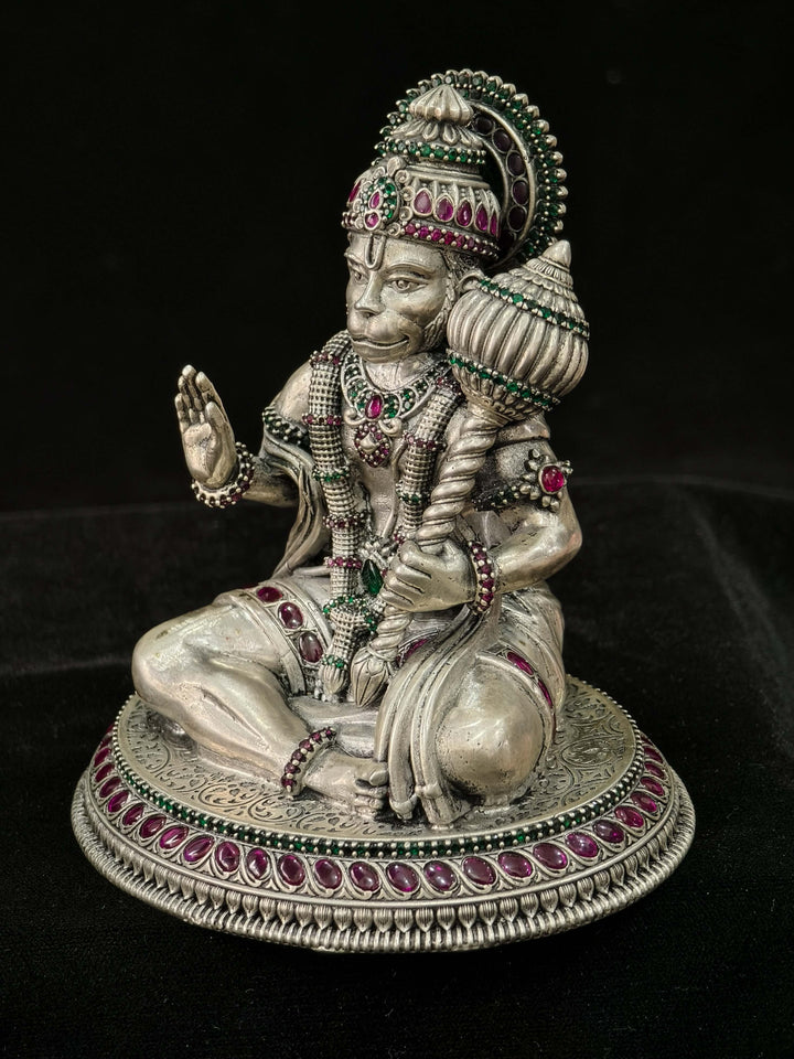 Pure 92.5 Silver "Lord Hanuman" 3D Idol with Gemstone Embellishments