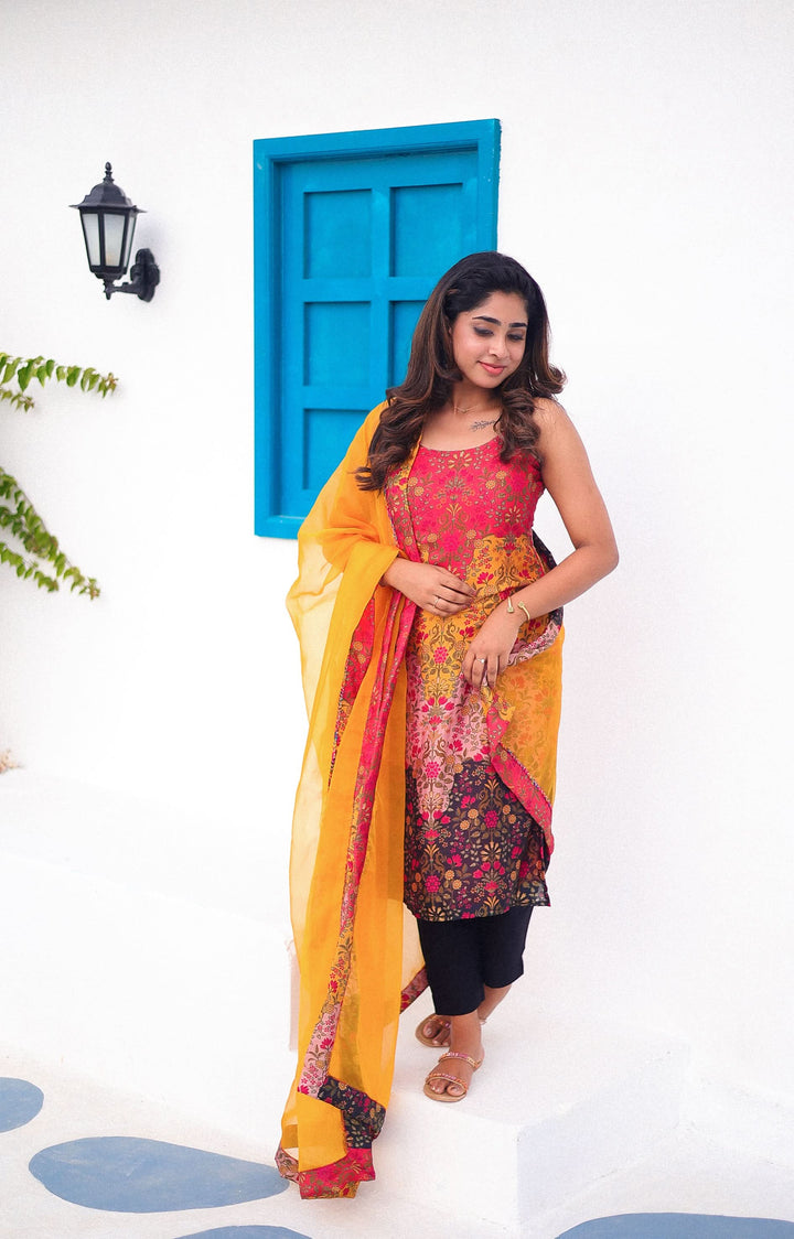 Alisha Multicolor Spaghetti strap (Sleeve Length Customizable) Kurti and Dupatta Set | Made To Order