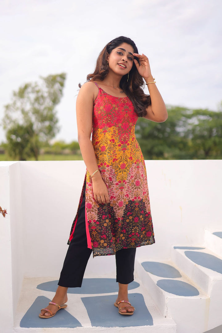 Alisha Multicolor Spaghetti strap (Sleeve Length Customizable) Kurti and Dupatta Set | Made To Order