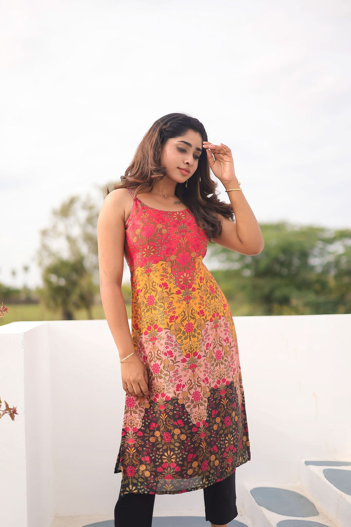 Alisha Multicolor Spaghetti strap (Sleeve Length Customizable) Kurti and Dupatta Set | Made To Order