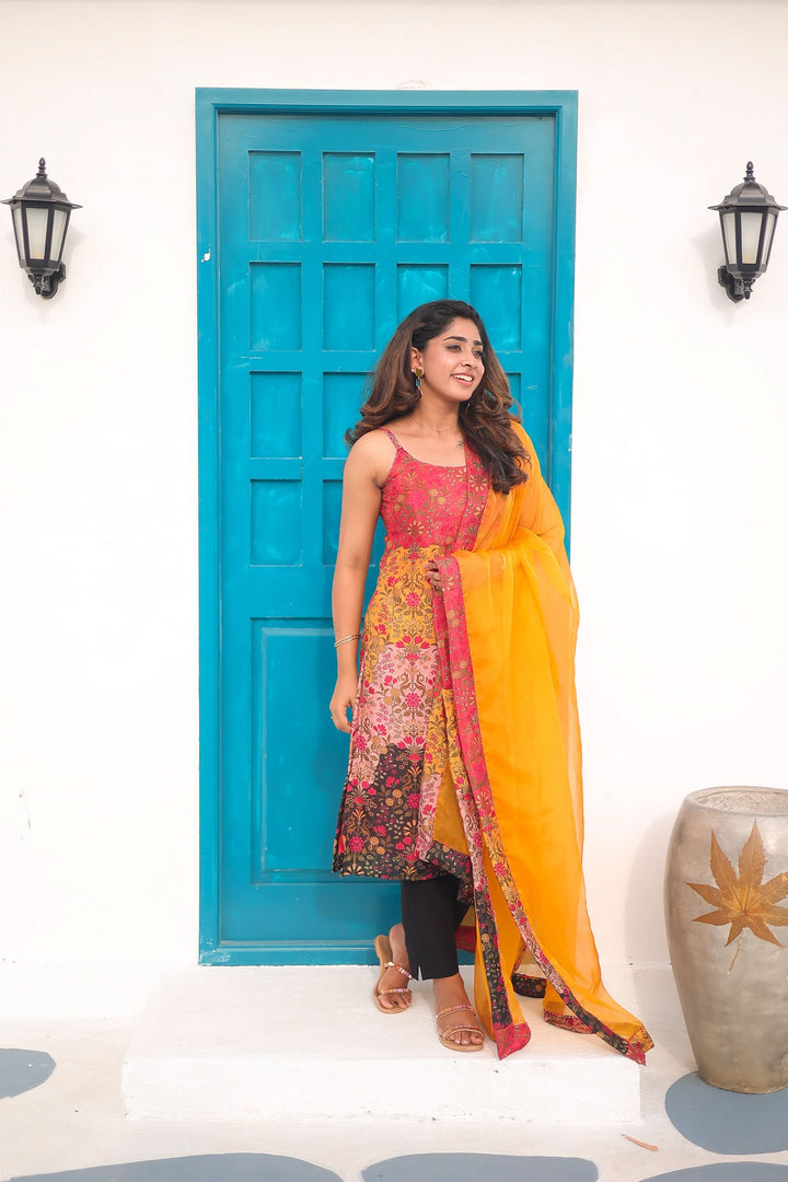 Alisha Multicolor Spaghetti strap (Sleeve Length Customizable) Kurti and Dupatta Set | Made To Order