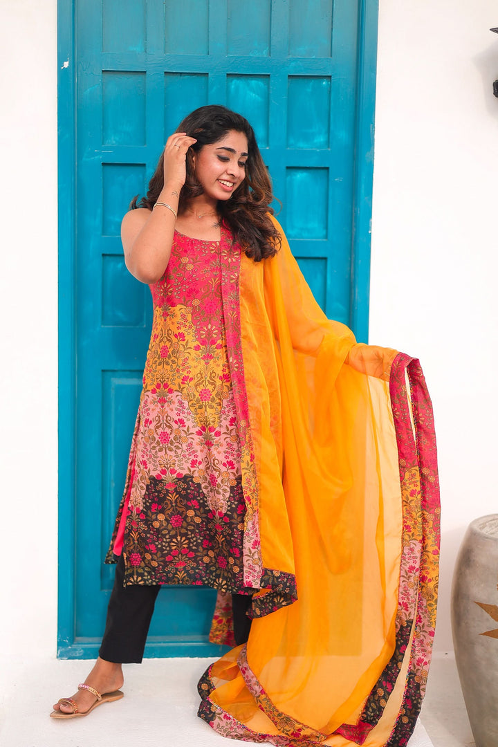 Alisha Multicolor Spaghetti strap (Sleeve Length Customizable) Kurti and Dupatta Set | Made To Order