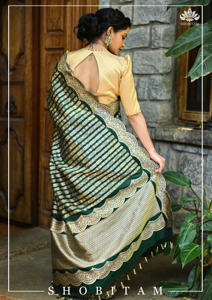 Bottle Green Banarasi Katan Silk Saree with Vertical Zari Stripes and Scalloped Border | SILK MARK CERTIFIED