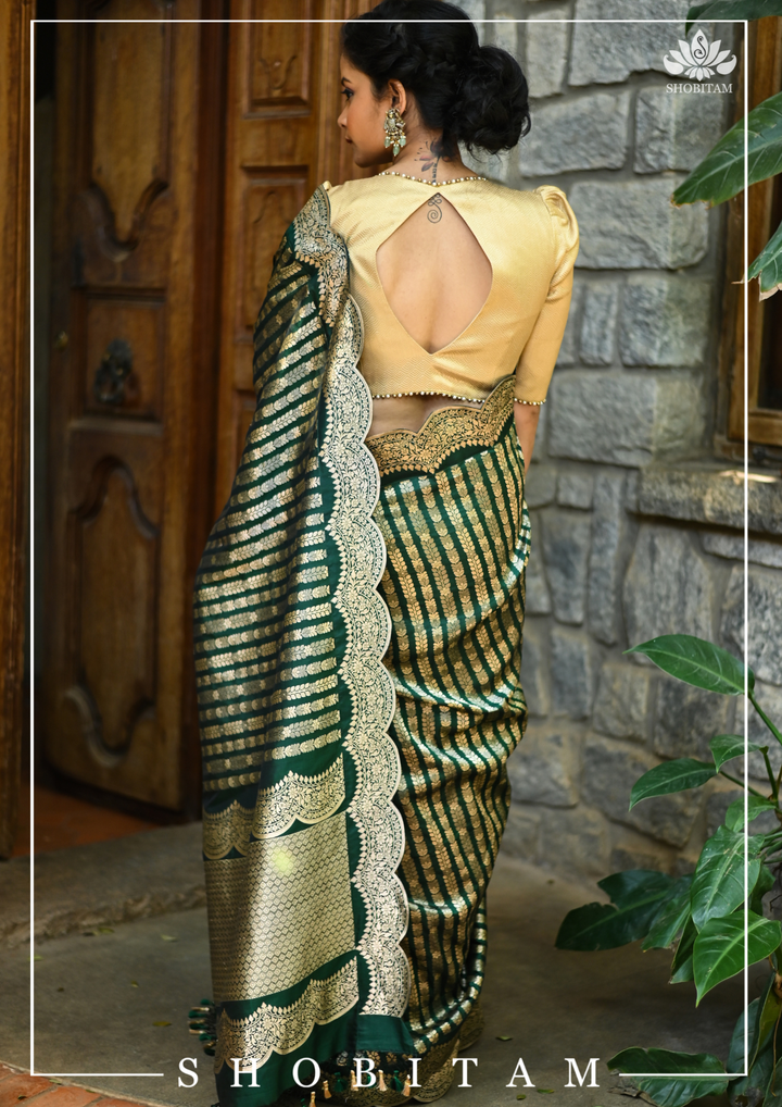 Bottle Green Banarasi Katan Silk Saree with Vertical Zari Stripes and Scalloped Border | SILK MARK CERTIFIED
