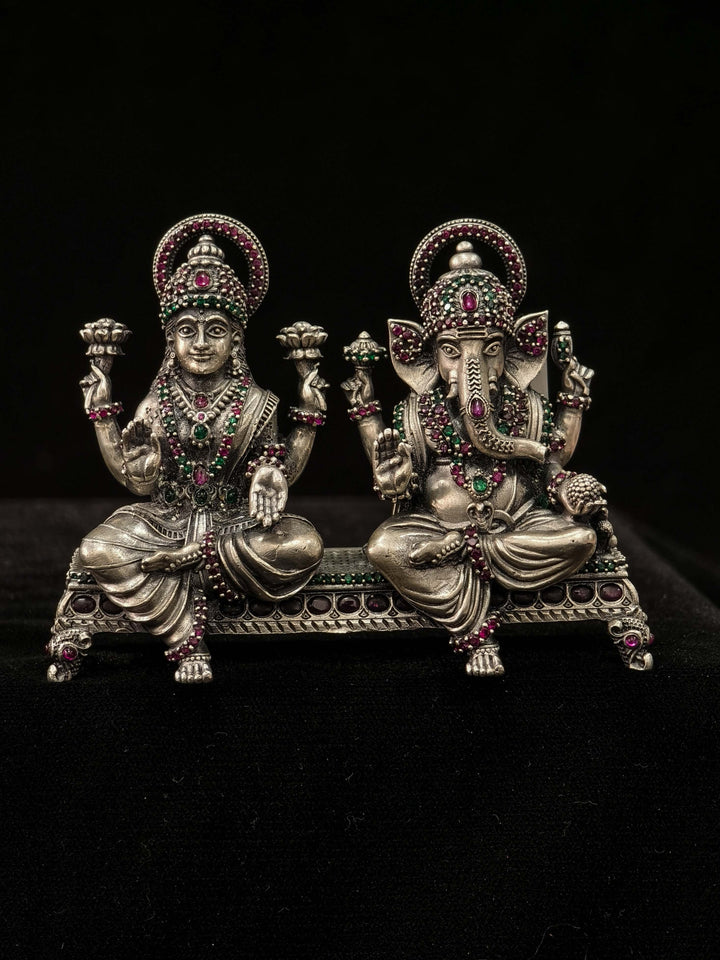 Pure 92.5 Silver "Lakshmi and Ganesha" 3D Idol Set with Gemstones, 235 Grams