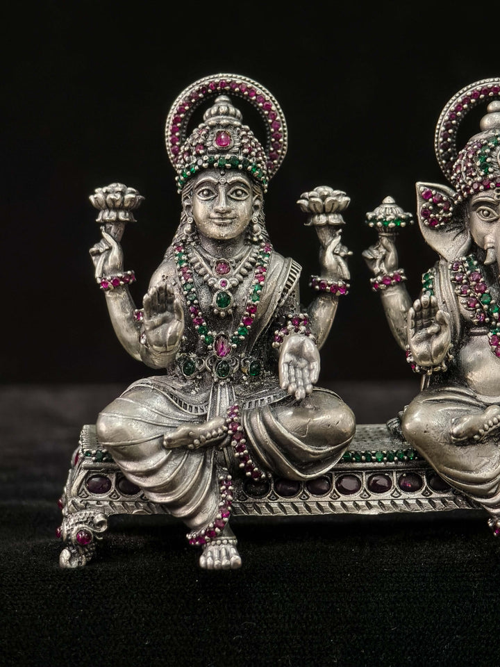 Pure 92.5 Silver "Lakshmi and Ganesha" 3D Idol Set with Gemstones, 235 Grams