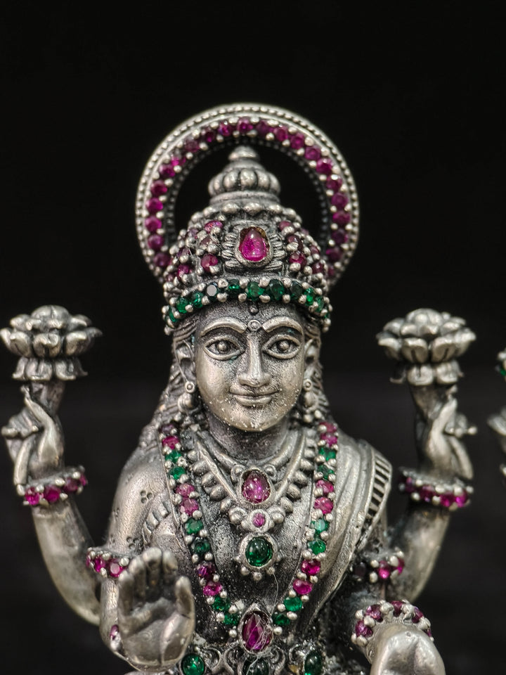Pure 92.5 Silver "Lakshmi and Ganesha" 3D Idol Set with Gemstones, 235 Grams