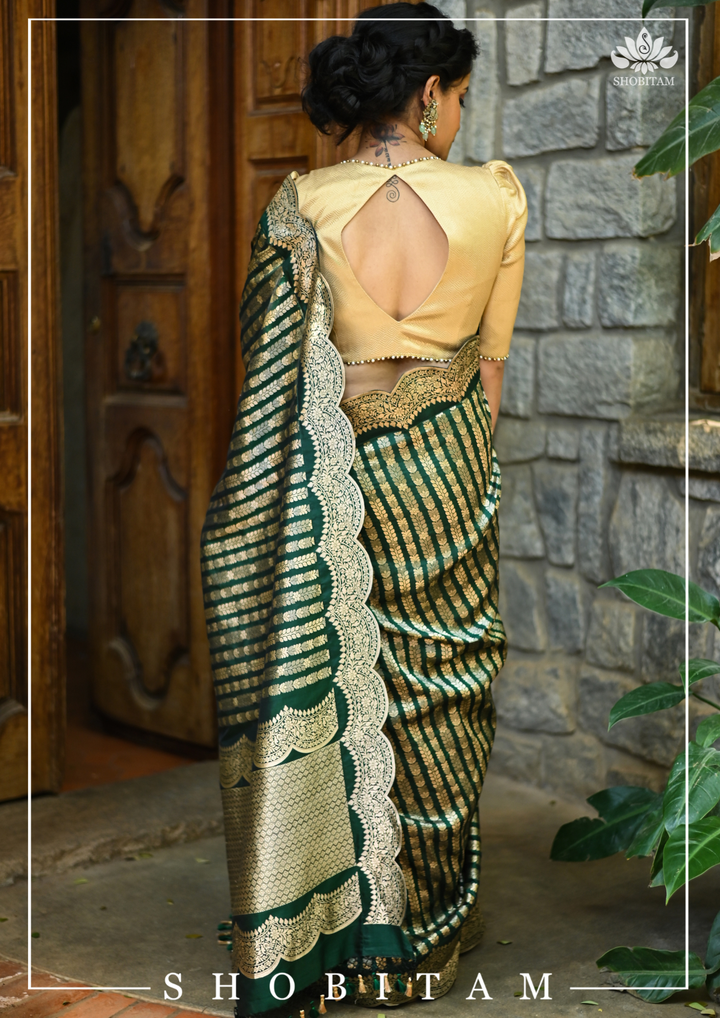 Bottle Green Banarasi Katan Silk Saree with Vertical Zari Stripes and Scalloped Border | SILK MARK CERTIFIED