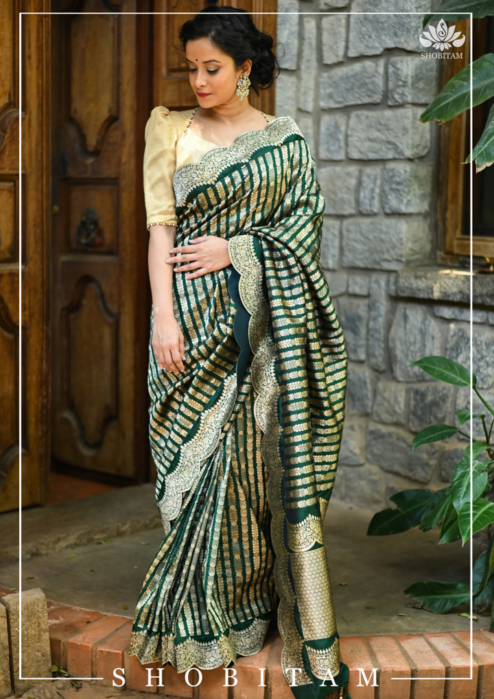 Bottle Green Banarasi Katan Silk Saree with Vertical Zari Stripes and Scalloped Border | SILK MARK CERTIFIED