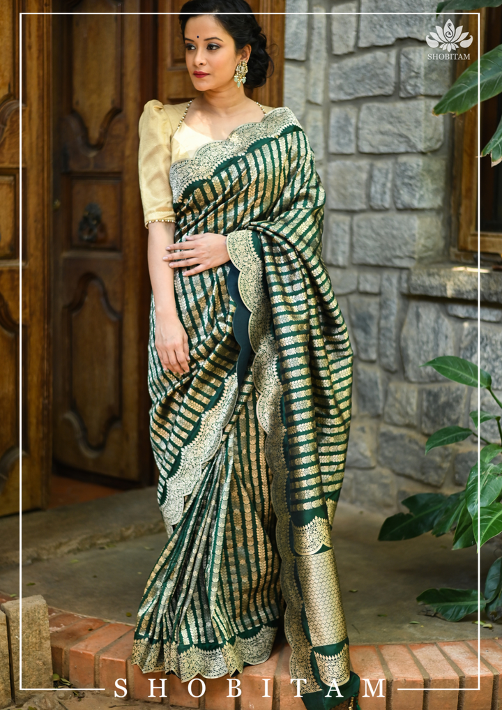 Bottle Green Banarasi Katan Silk Saree with Vertical Zari Stripes and Scalloped Border | SILK MARK CERTIFIED