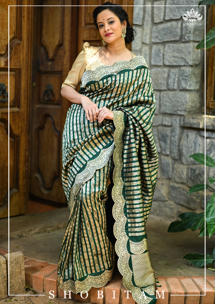 Bottle Green Banarasi Katan Silk Saree with Vertical Zari Stripes and Scalloped Border | SILK MARK CERTIFIED
