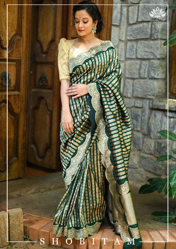 Bottle Green Banarasi Katan Silk Saree with Vertical Zari Stripes and Scalloped Border | SILK MARK CERTIFIED