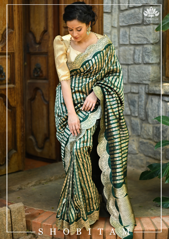 Bottle Green Banarasi Katan Silk Saree with Vertical Zari Stripes and Scalloped Border | SILK MARK CERTIFIED
