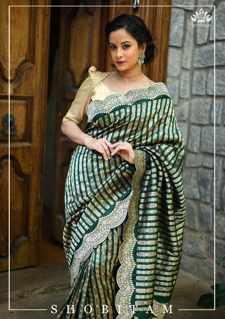 Bottle Green Banarasi Katan Silk Saree with Vertical Zari Stripes and Scalloped Border | SILK MARK CERTIFIED