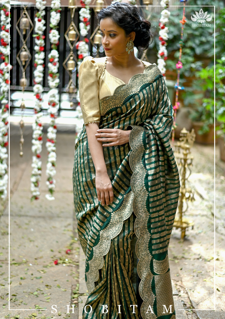 Bottle Green Banarasi Katan Silk Saree with Vertical Zari Stripes and Scalloped Border | SILK MARK CERTIFIED