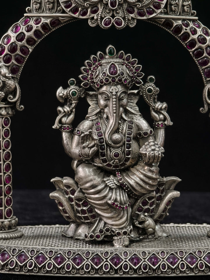 Pure 92.5 Silver "Lord Ganesha" 2D Idol with Gemstone prabhavali