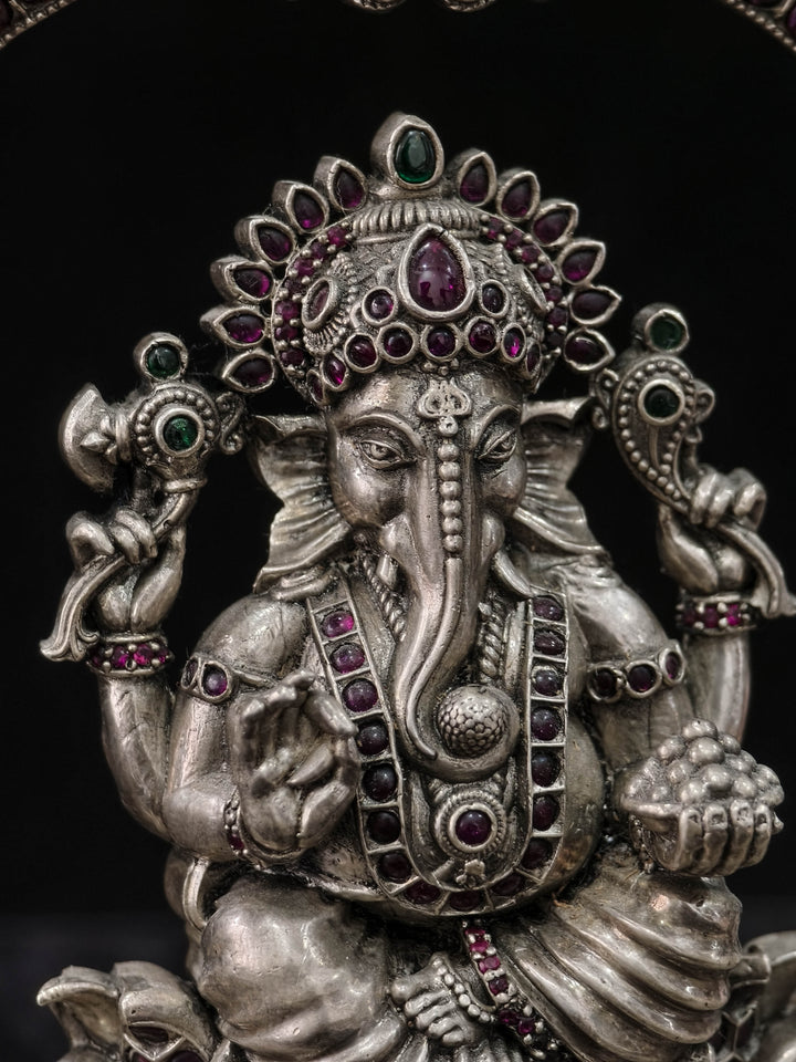 Pure 92.5 Silver "Lord Ganesha" 2D Idol with Gemstone prabhavali