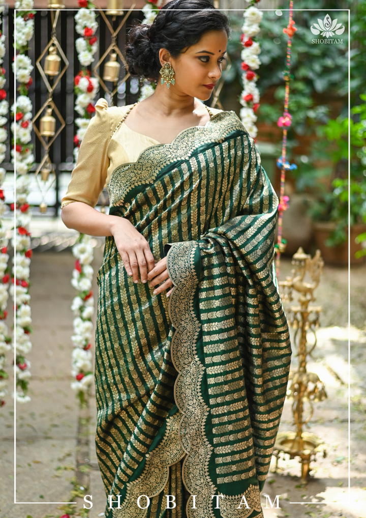 Bottle Green Banarasi Katan Silk Saree with Vertical Zari Stripes and Scalloped Border | SILK MARK CERTIFIED