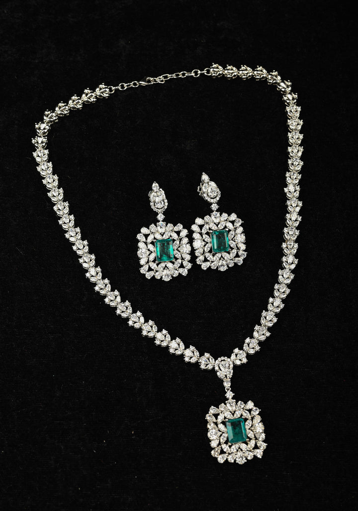 92.5 Pure Silver Necklace and Earrings Set Studded With Cubic Zirconia.
