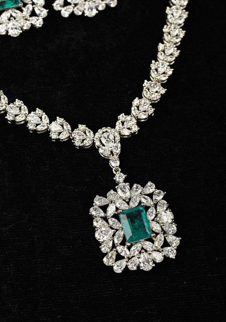 92.5 Pure Silver Necklace and Earrings Set Studded With Cubic Zirconia.