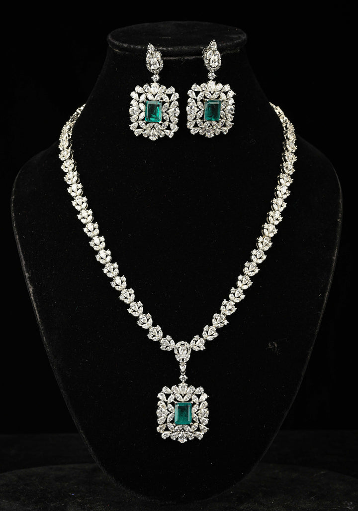 92.5 Pure Silver Necklace and Earrings Set Studded With Cubic Zirconia.