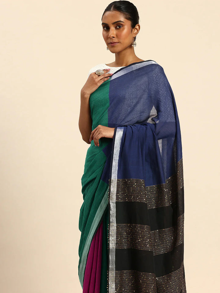 Green, Magenta & Blue Handloom Cotton Sequins Saree