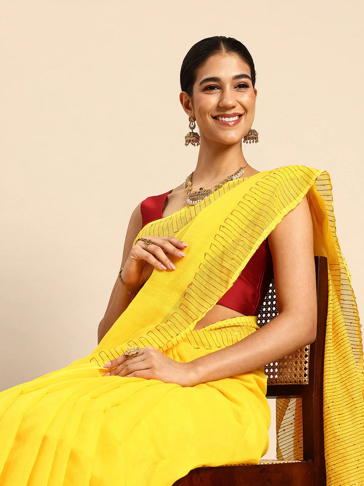 Yellow Silk Cotton Sequins Saree with Blouse Piece
