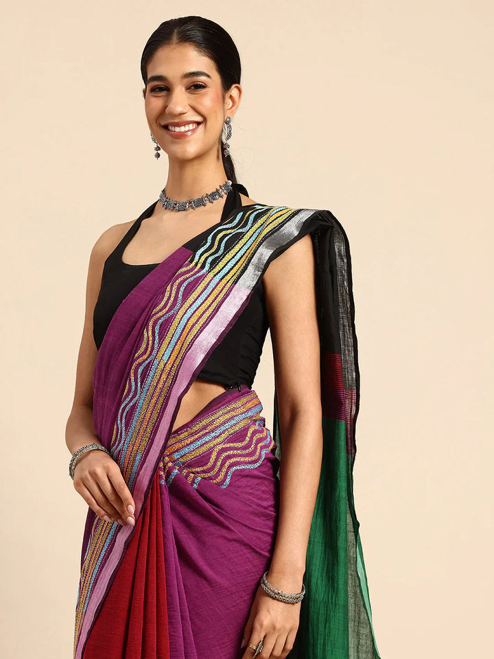 Handloom Black Magenta Colorblock Cotton Kantha Saree