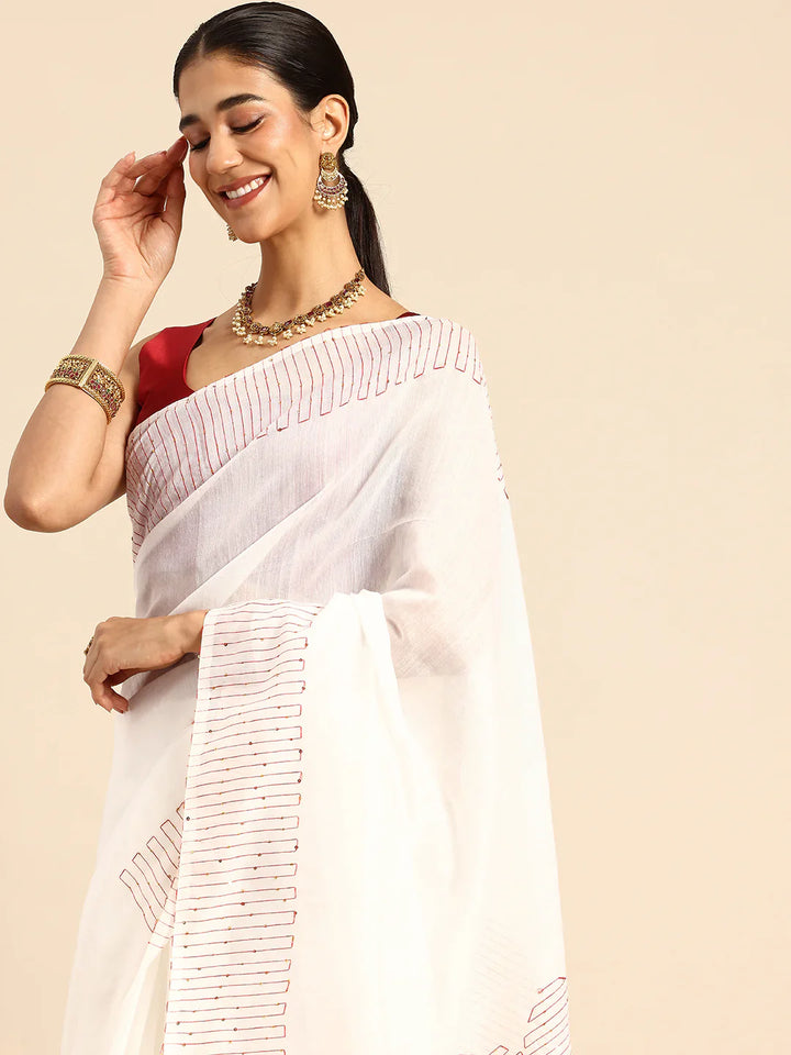 White Silk Cotton Sequins Saree with Blouse Piece