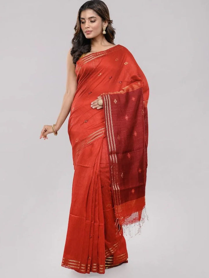 Red Jamdani  Matka Silk Saree with Maroon Pallu