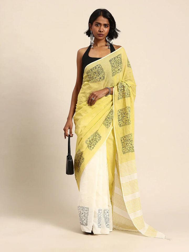 Cream-Yellow Handblock print Cotton saree No Blouse