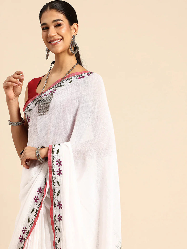 White Linen Kantha Saree with Minimal Border and Blouse piece