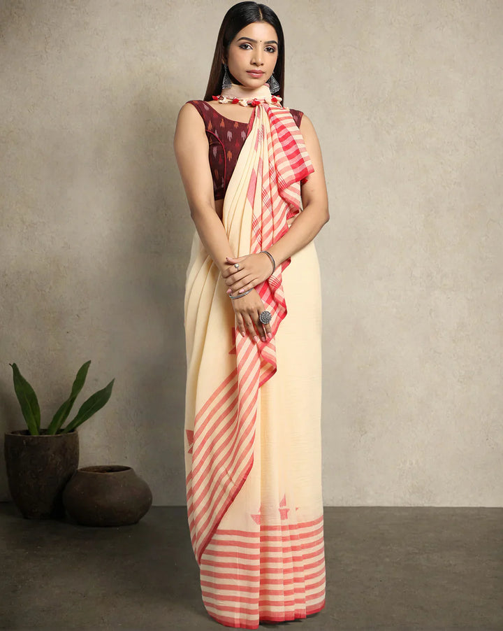 Cream Handloom Jamdani Cotton Saree
