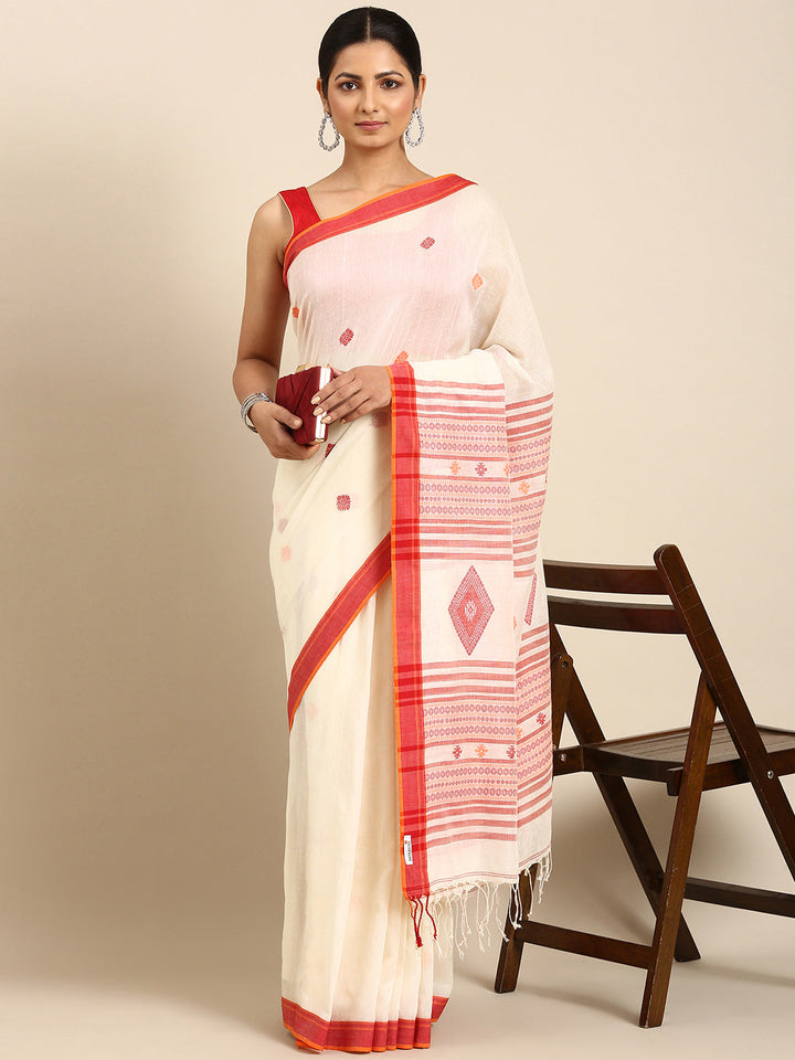 Off White Handwoven Jacquard Weave Pure Cotton saree with Resham Butta and Contrast Minimal Border