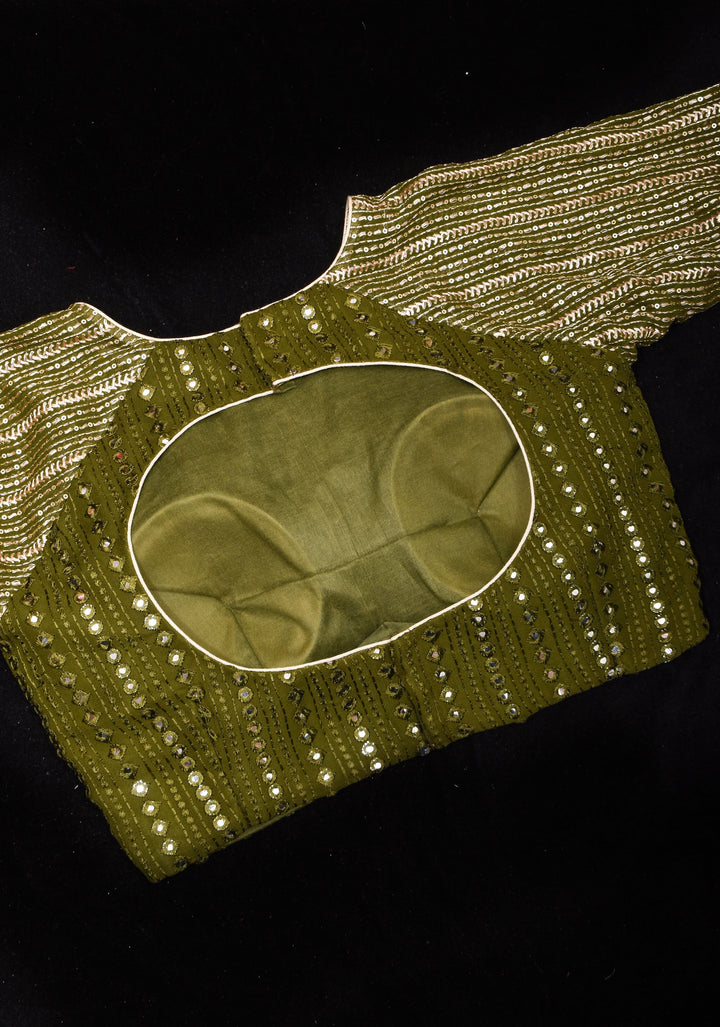 Henna Green chinon raglan three quarter sleeve foil mirror work blouse,  Made to Order