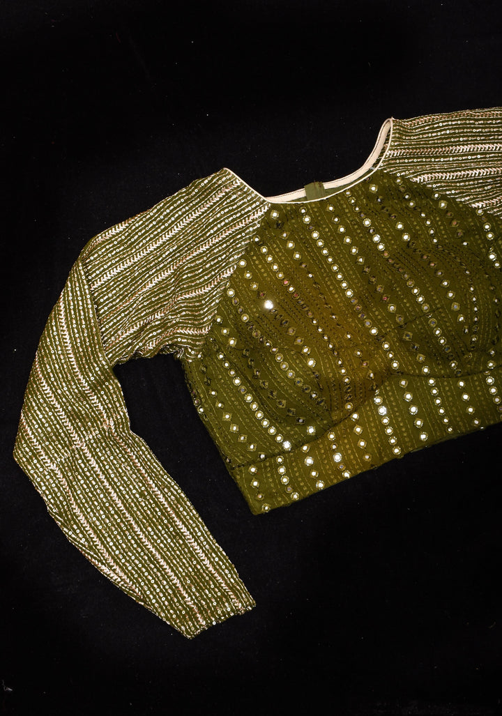 Henna Green chinon raglan three quarter sleeve foil mirror work blouse,  Made to Order