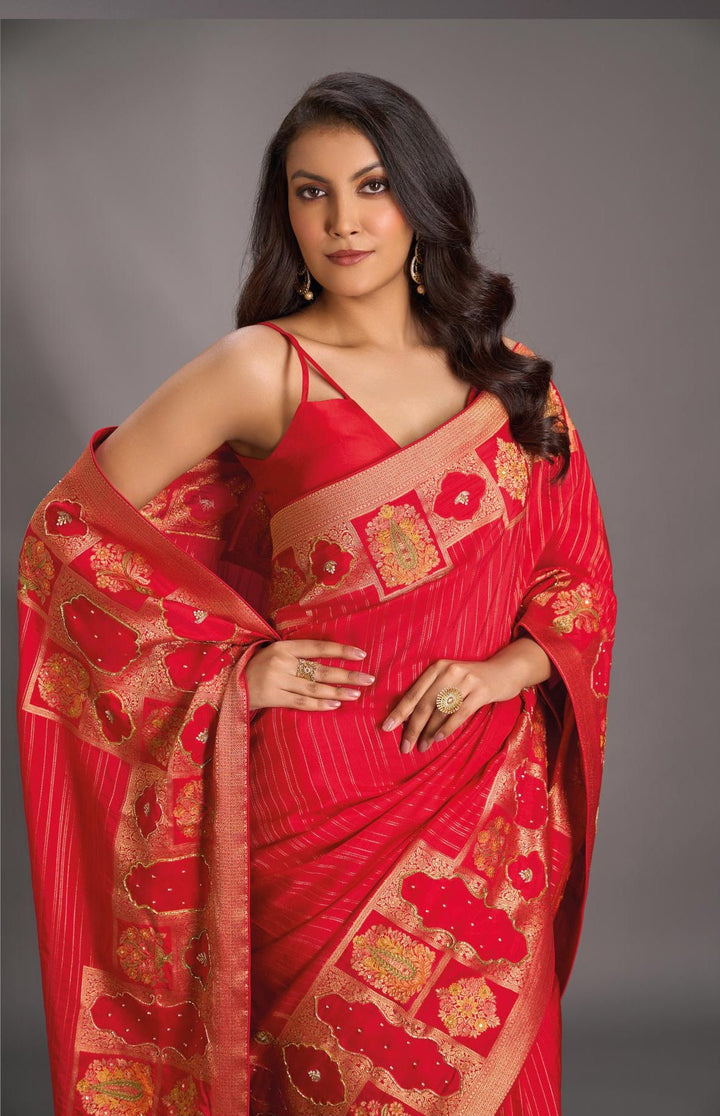 Bright Red Vegan Soft Silk Saree with Jharokha-Inspired Pattern Border