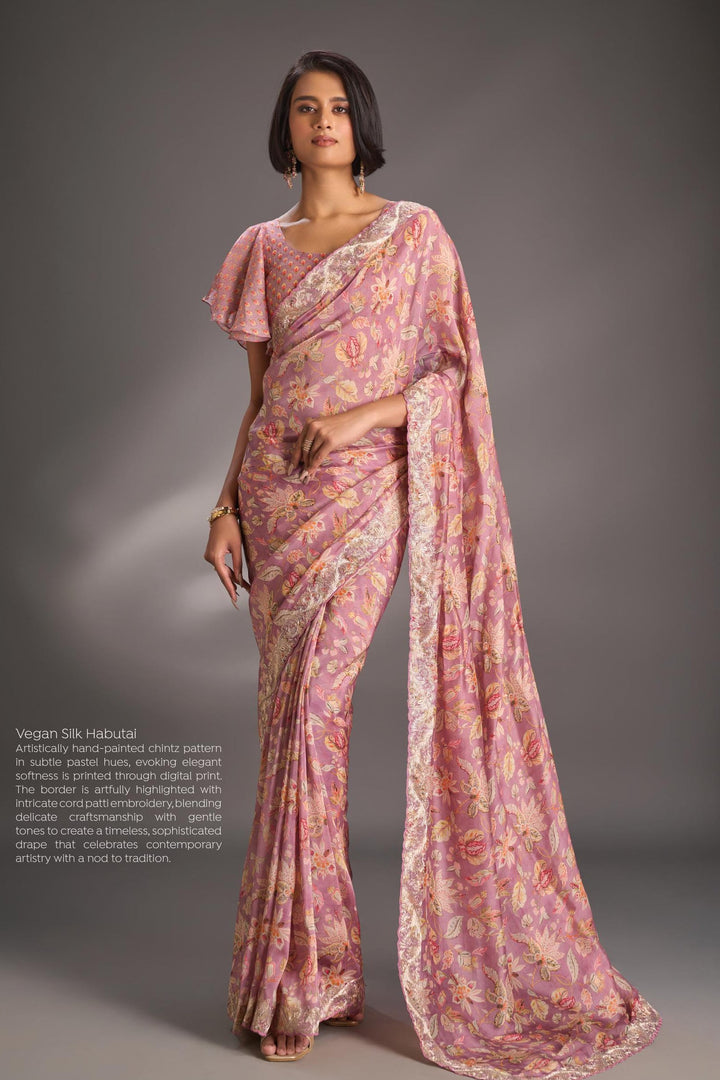 Pink Vegan Silk Habutai Saree with Digital Print and Cord Pitta Embroidery Border, No Blouse Piece
