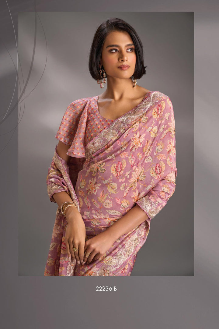 Pink Vegan Silk Habutai Saree with Digital Print and Cord Pitta Embroidery Border, No Blouse Piece