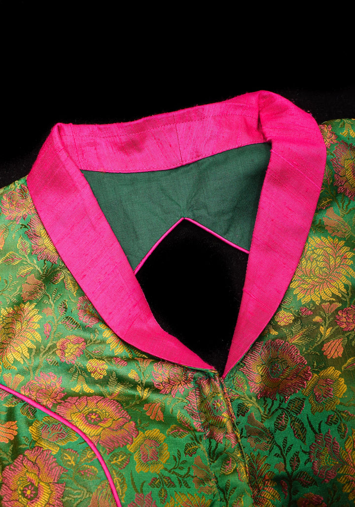 Green Tanchoi with Fuchsia Pure Raw Silk Lapel Collar Blouse for saree